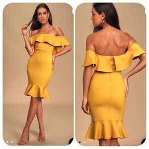 NWOT Lulu's Confidence Boost Mustard Yellow Off-the-Shoulder Bodycon Dress Sz XS
